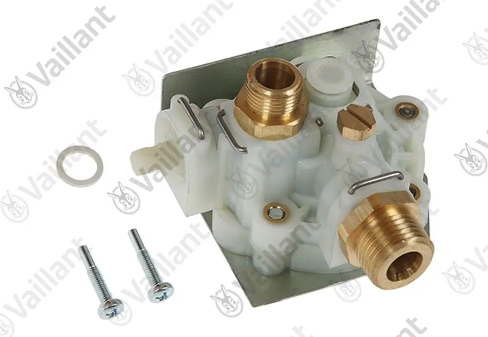 Vaillant Wasserschalter mit zwei Anschlussnippeln, einem Gehäuse aus Kunststoff und Metallplatte, sowie zwei Schrauben und einem Dichtungsring.